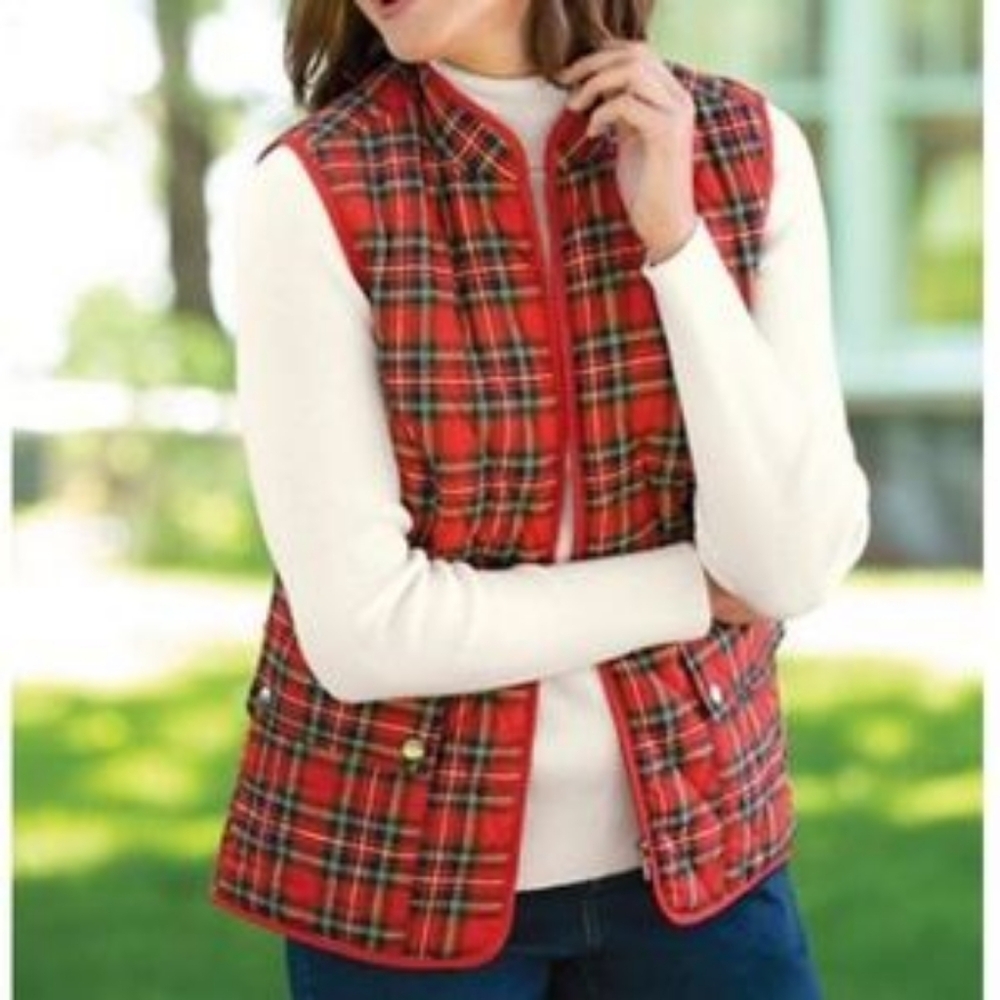 St. John's Bay Quilted Tartan Puffer Vest With Snap Pockets